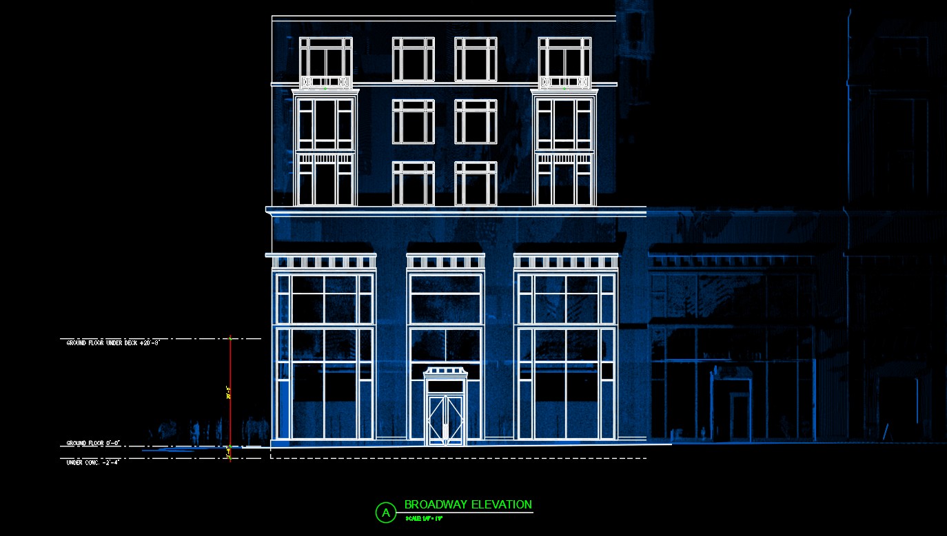 Broadway exterior elevation of 1880 Broadway with laser scan point cloud overlaid by finished CAD linework