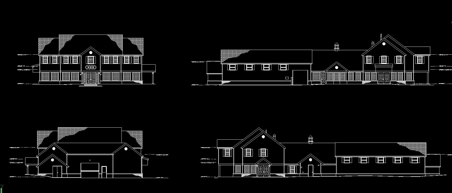 AutoCAD sheet with all four exterior elevations of the Audi of Mendham dealership drafted from laser scan data