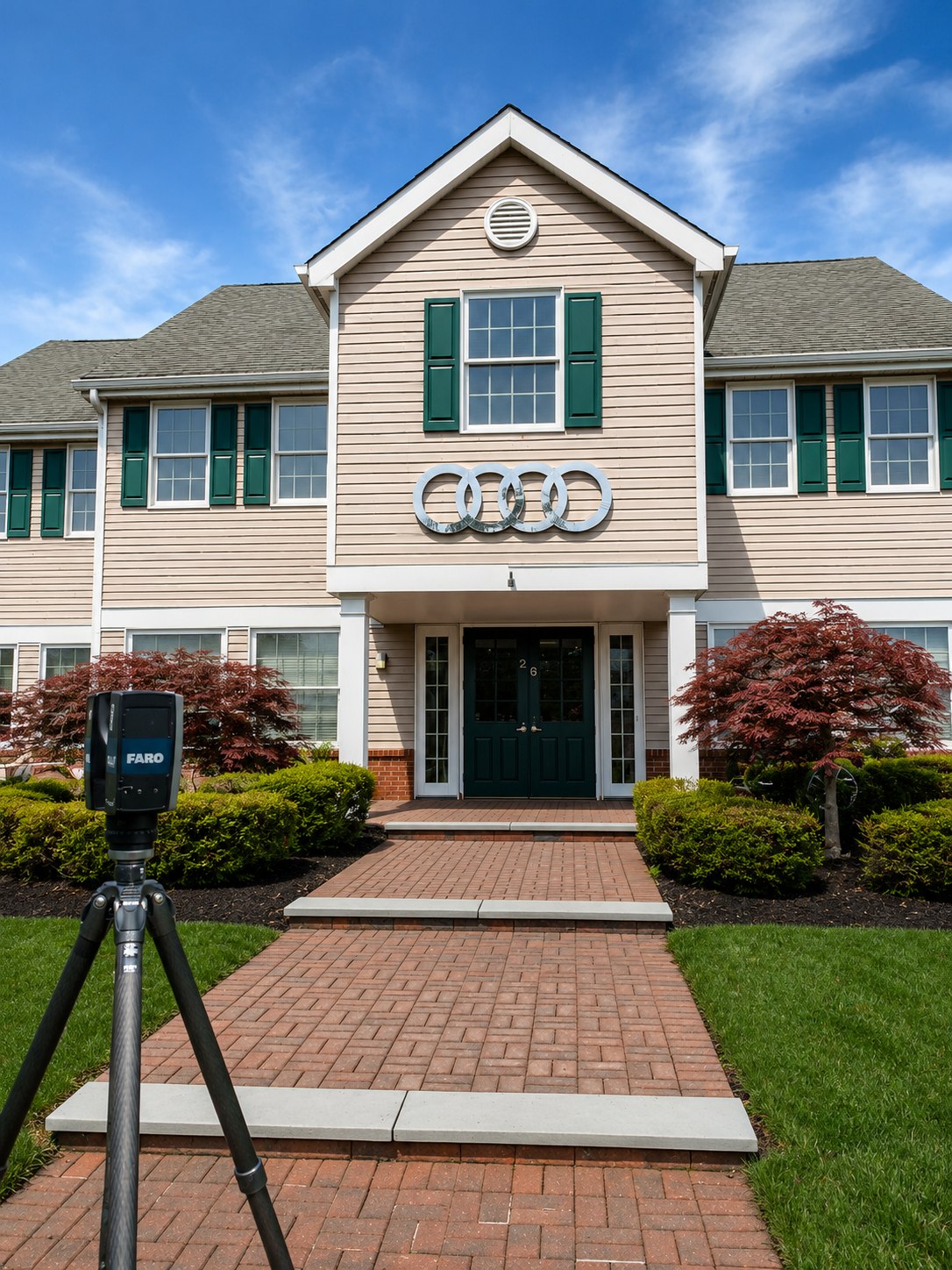 FARO laser scanner set up on the front walkway of the Audi of Mendham dealership in Mendham, NJ