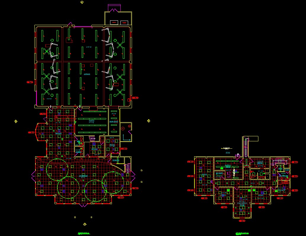 AutoCAD existing conditions floor plans of the Audi of Mendham dealership showing showroom, garage, parts and office areas