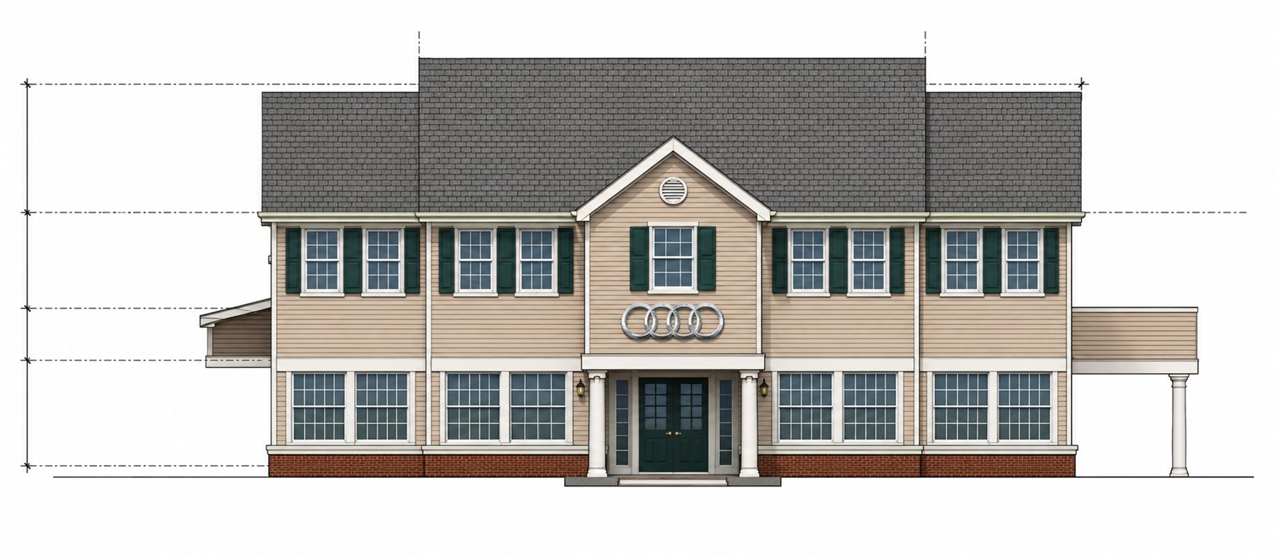3D rendered front elevation of the Audi of Mendham dealership with green shutters, brick base and the Audi rings above the entrance