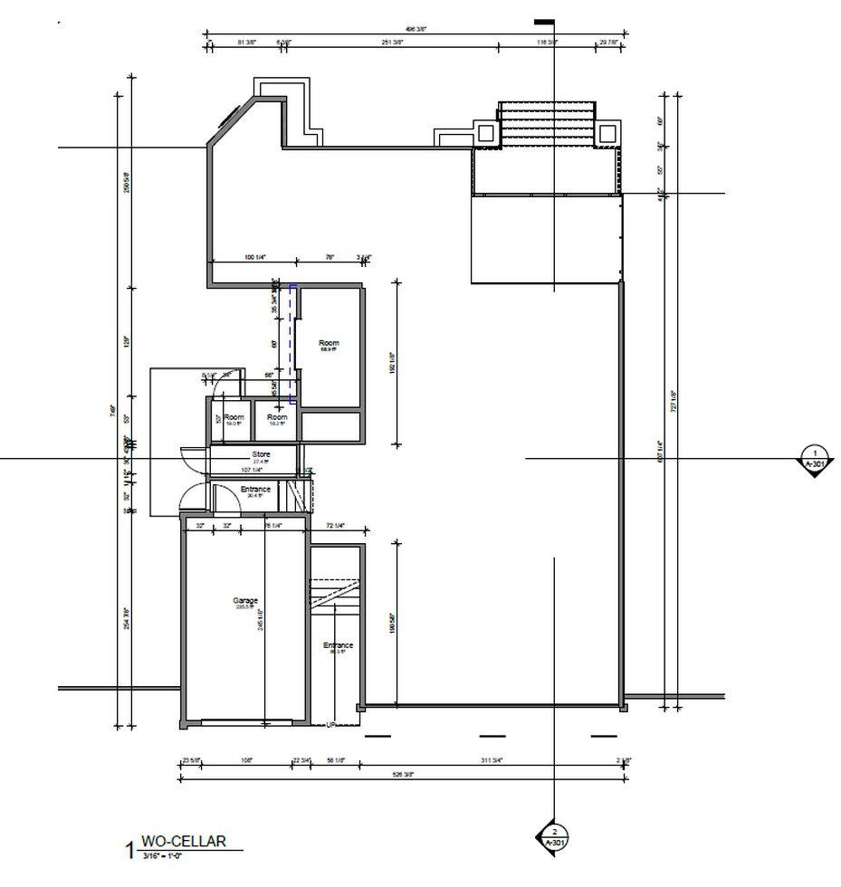 Revit cellar floor plan of the Brick NJ residence with garage, storage rooms and entrances, fully dimensioned