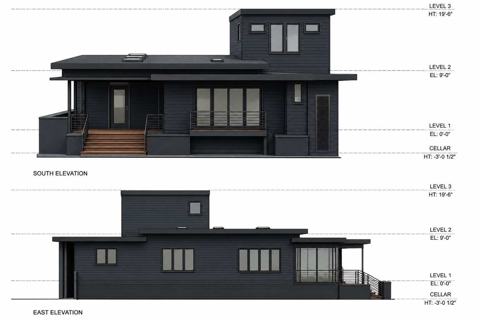 Rendered south and east exterior elevations of the Brick NJ residence with level lines from cellar to the 19-foot-6 upper level