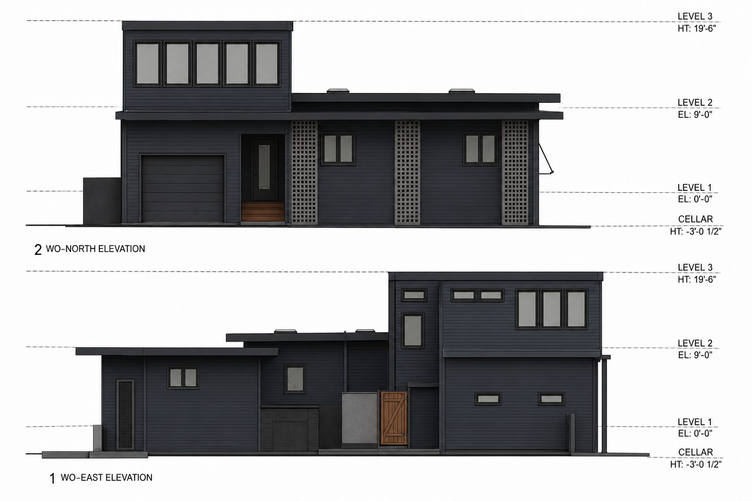 Rendered north and east walk-out elevations of the Brick NJ residence showing the garage, entry stair and clerestory tower