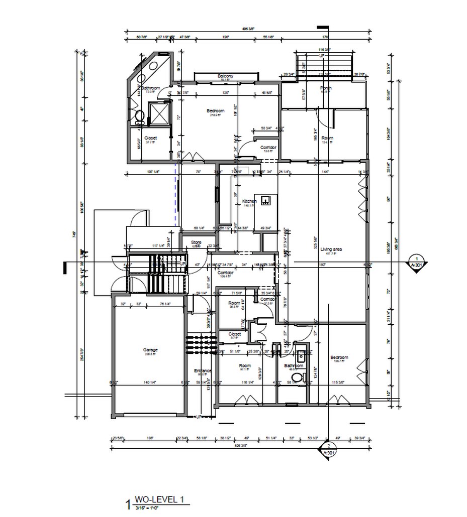 Revit Level 1 floor plan of the Brick NJ residence with bedrooms, bathrooms, kitchen, living area, balcony and porch, fully dimensioned