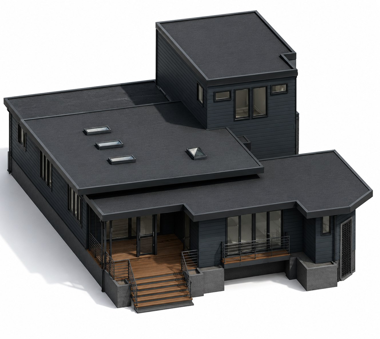 3D Revit rendering of a modern flat-roofed private residence in Brick, NJ, with dark siding, rooftop tower and wood porch deck