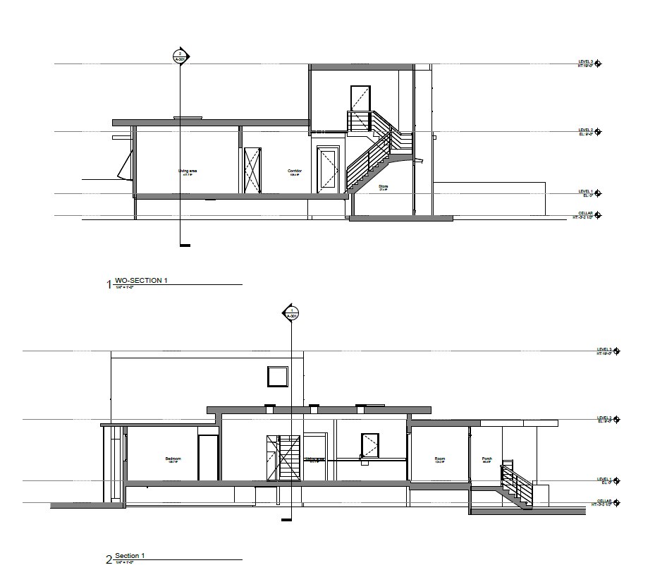Two Revit building sections through the Brick NJ residence showing the stair, living area, bedrooms and porch with level lines
