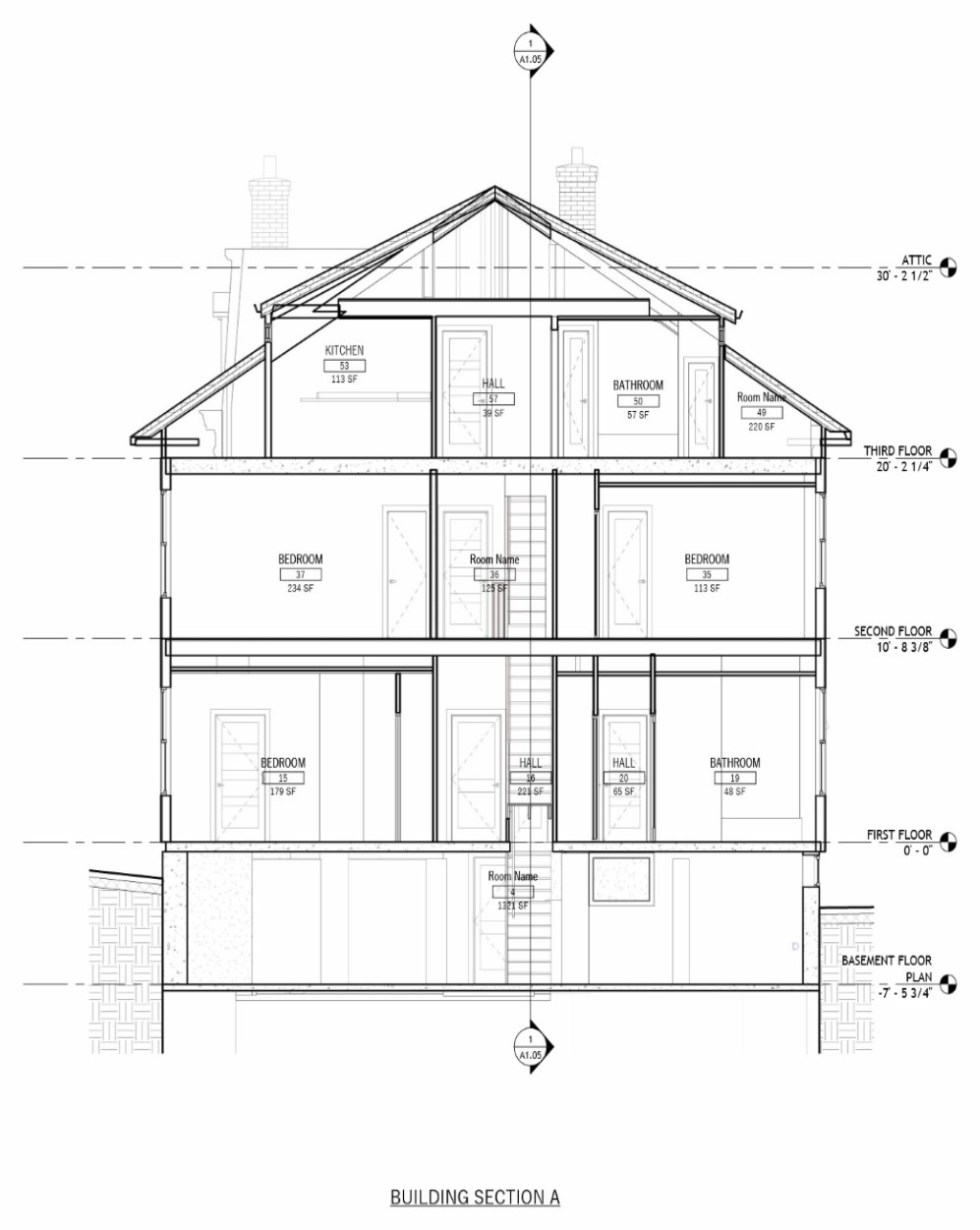 Building section A through 20 Olive Street showing all four levels from basement to attic with room names and floor heights