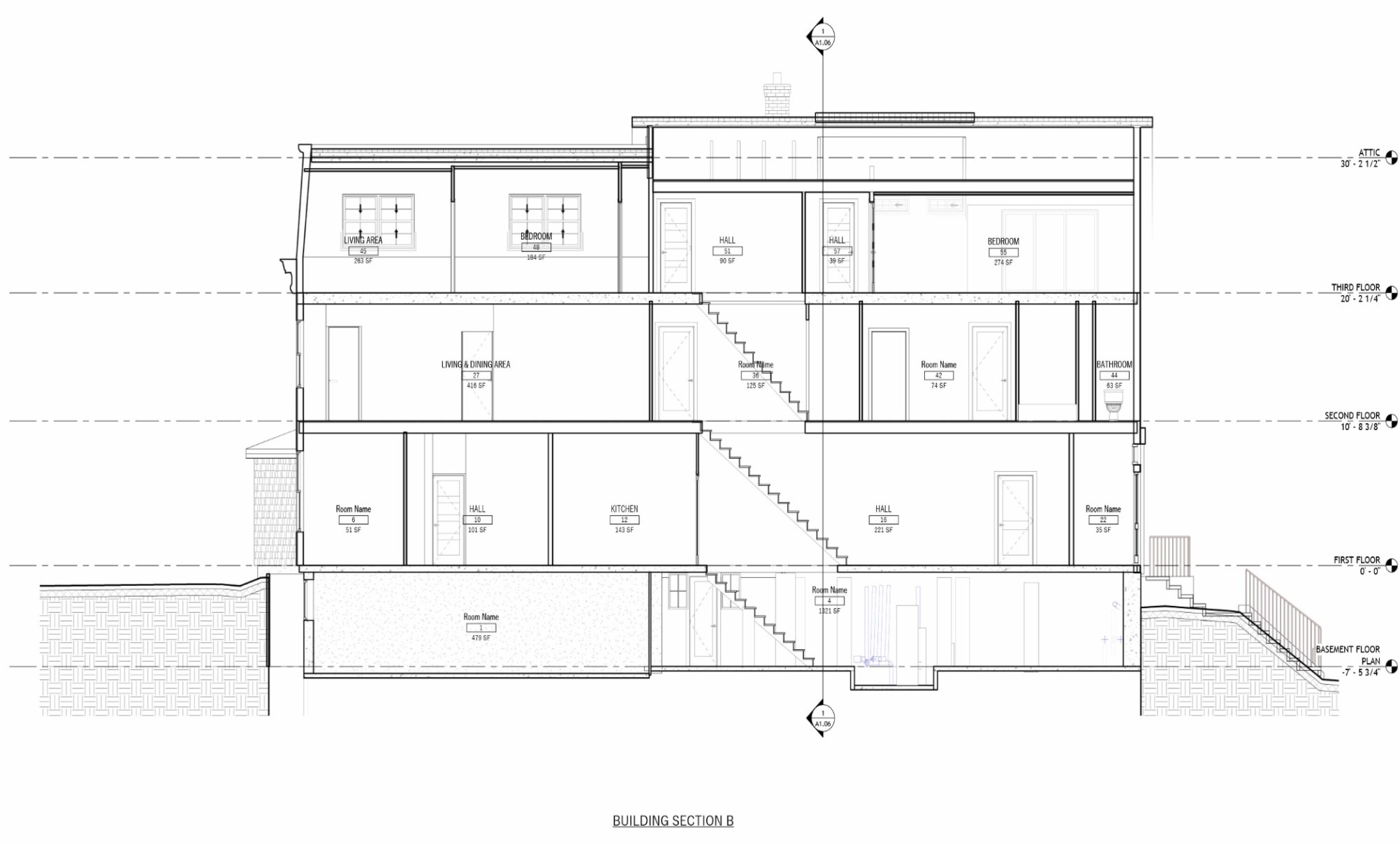 Building section B running the length of 20 Olive Street showing halls, stairs and units on every level