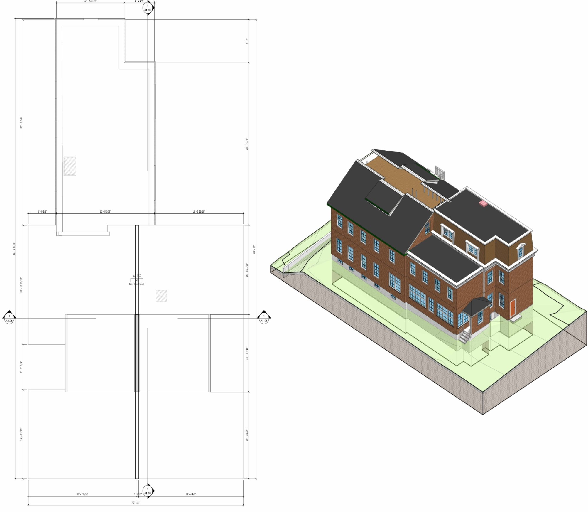Existing attic plan of 20 Olive Street alongside the full 3D exterior model with dormers and roof levels