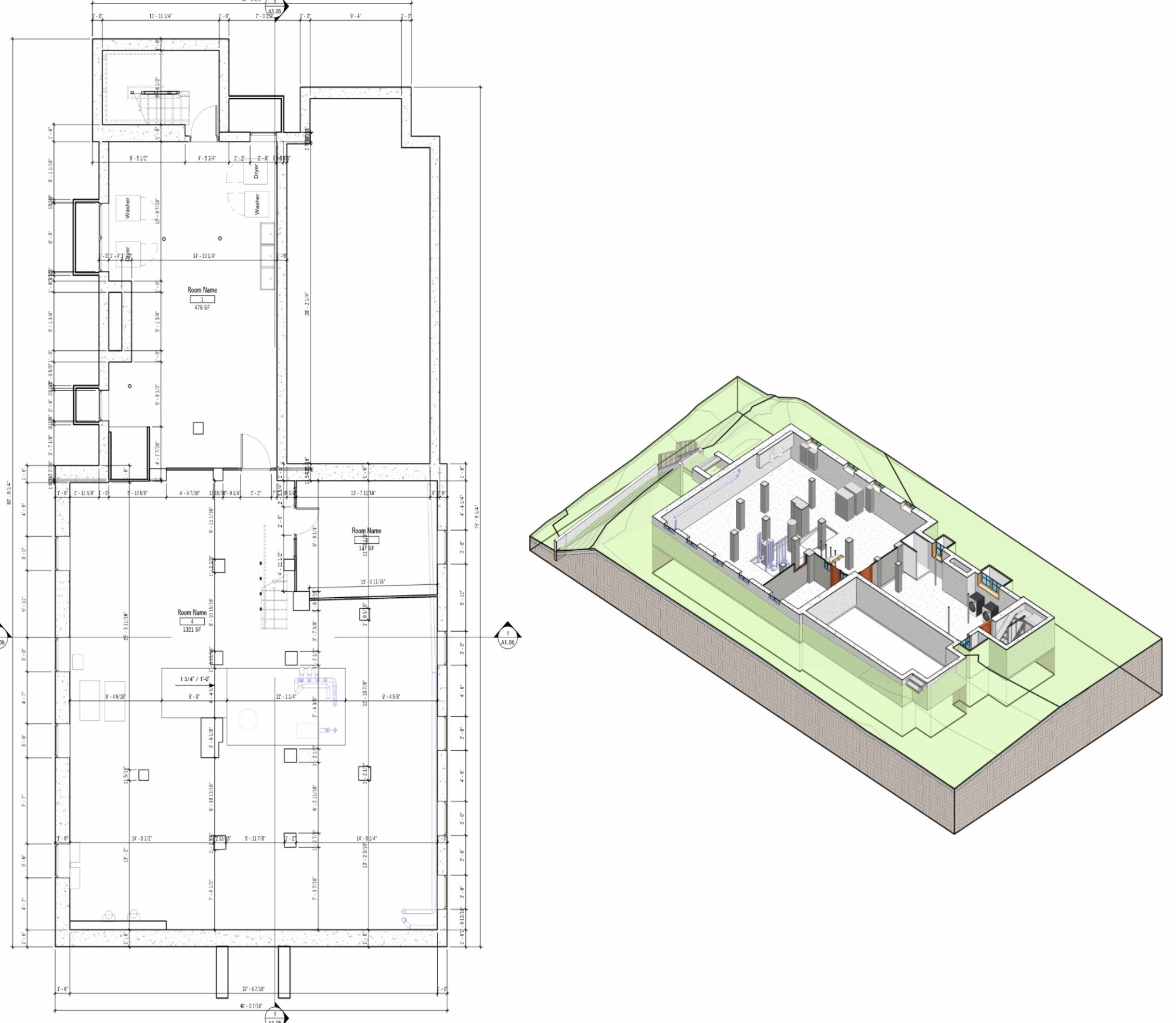 Existing basement floor plan of 20 Olive Street with dimensions, alongside a 3D cutaway rendering of the basement level
