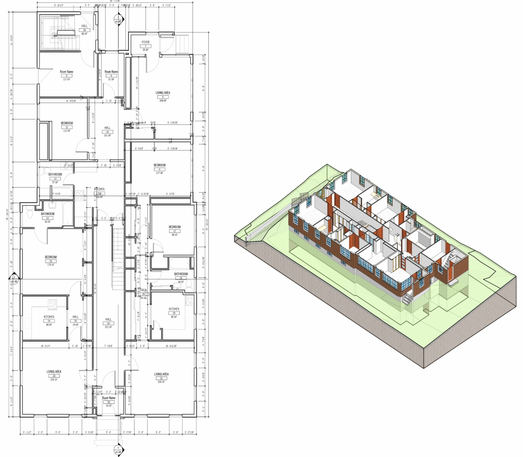 Existing first floor plan of 20 Olive Street with dimensions, alongside a 3D cutaway rendering of the unit layouts