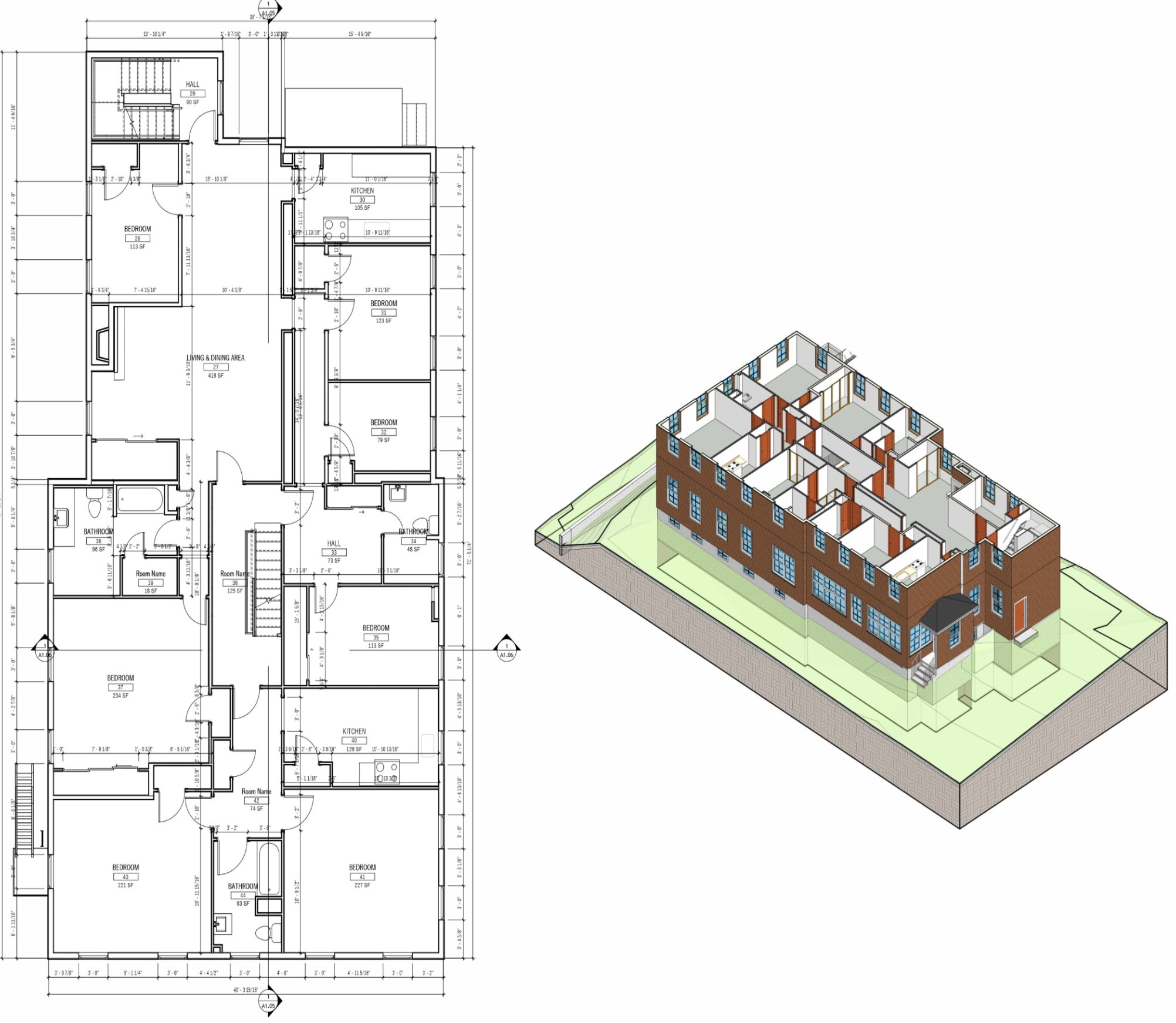 Existing second floor plan of 20 Olive Street with dimensions, alongside a 3D cutaway rendering of bedrooms, kitchens and baths