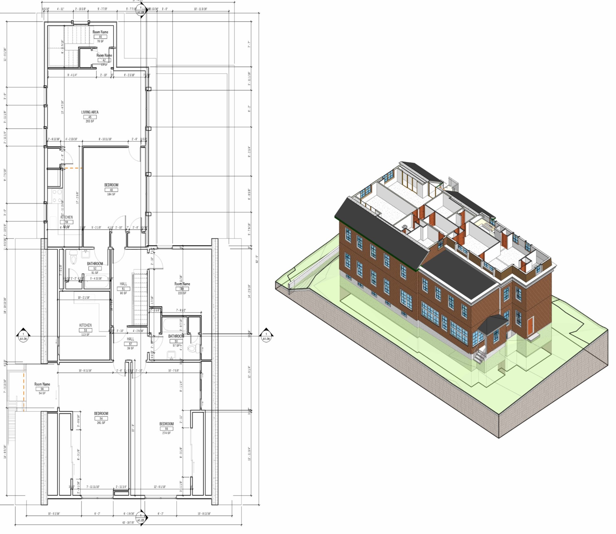 Existing third floor plan of 20 Olive Street with dimensions, alongside a 3D cutaway rendering of the top-floor units