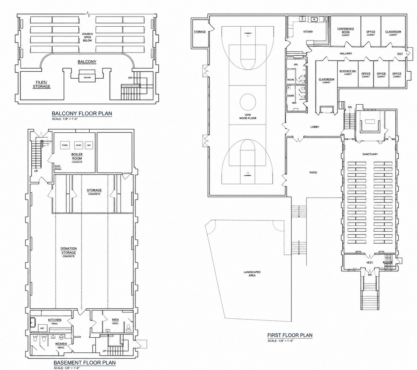 AutoCAD floor plans of the Danbury church campus: balcony plan with organ, basement plan with boiler and storage rooms, and first floor plan with sanctuary, gym, classrooms and offices