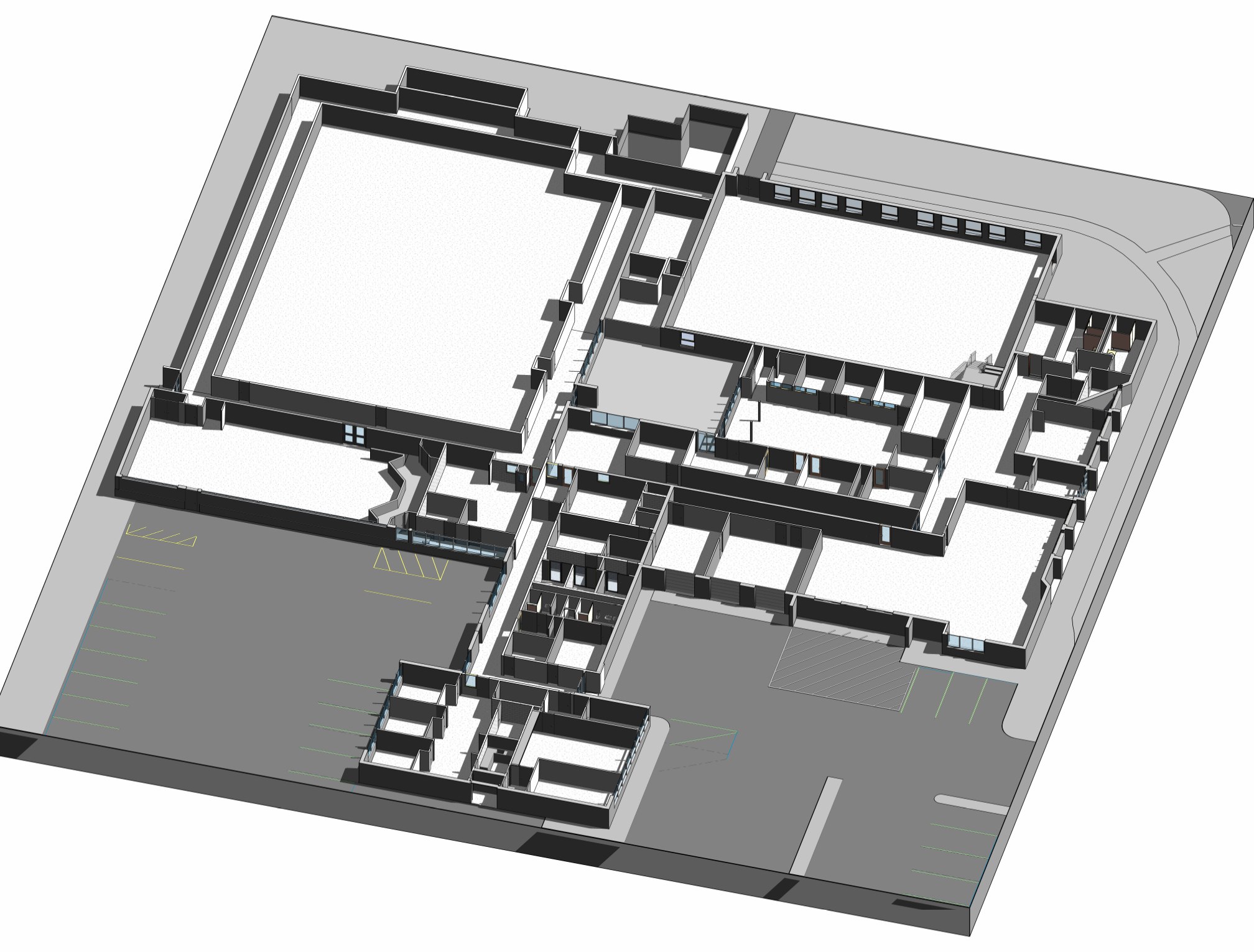 Top-down 3D cutaway of the New Providence Municipal Center showing offices, meeting halls and the gymnasium