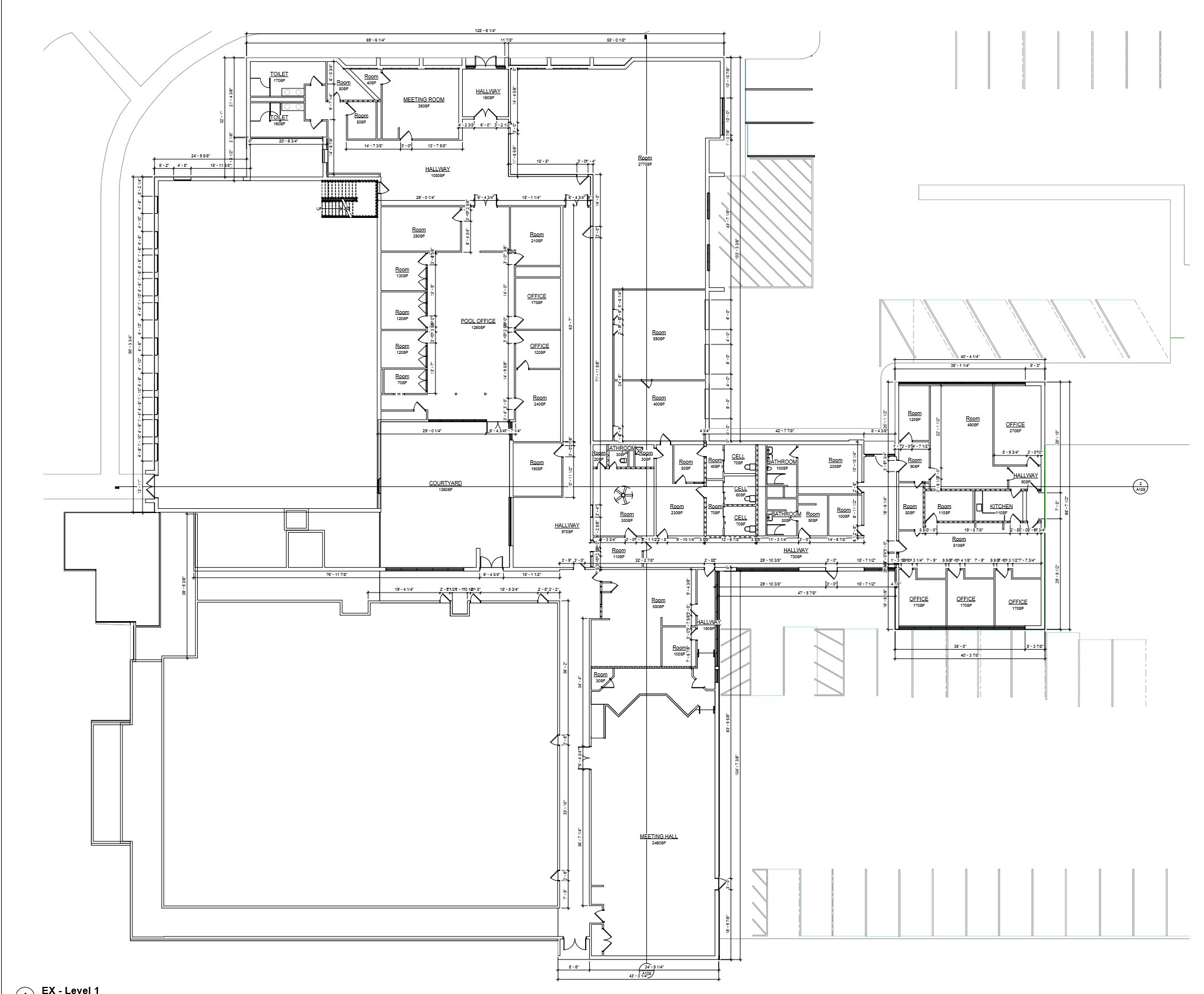 Existing level 1 floor plan of the New Providence Municipal Center with room names, square footages and dimensions