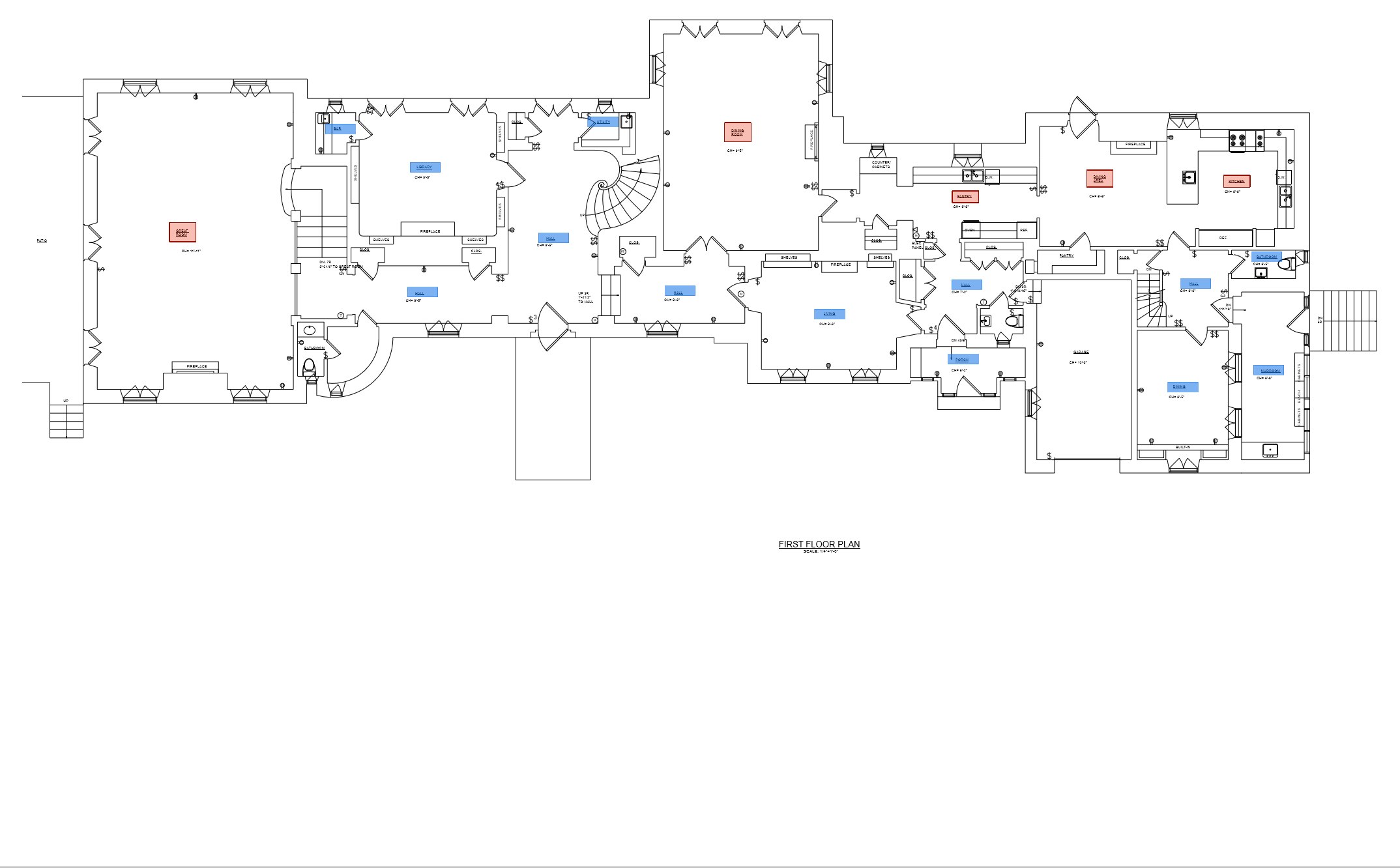 First floor plan of the Ellistan Estate main house showing great room, library, dining rooms, kitchens and garage, drafted from laser scan data