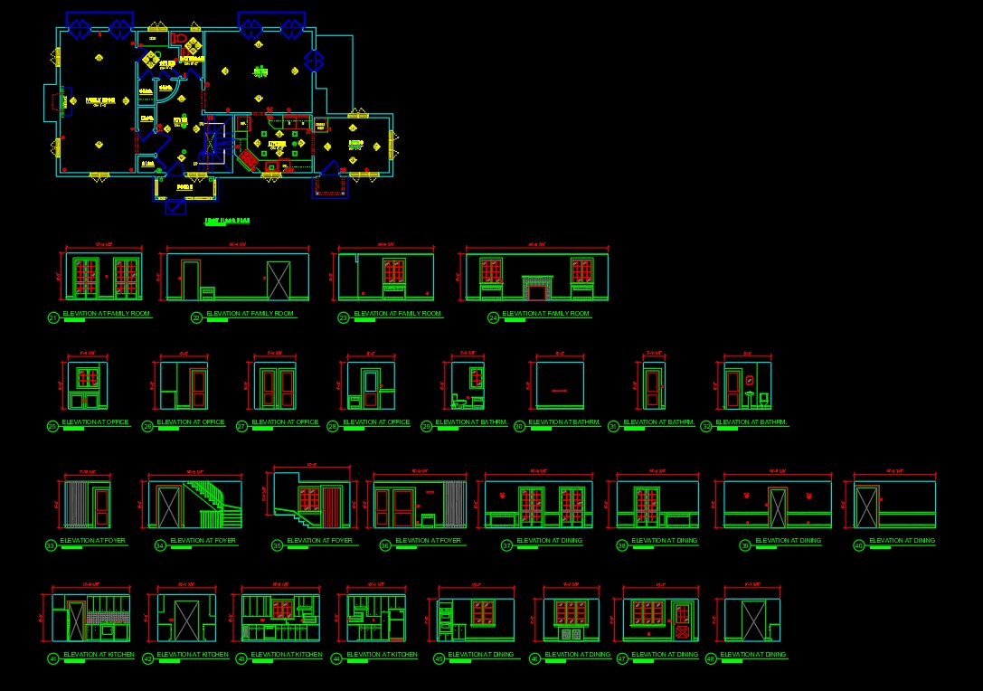 AutoCAD sheet of the Ellistan Estate guest house with floor plan and keyed interior elevations of the family room, office, foyer, dining room and kitchen