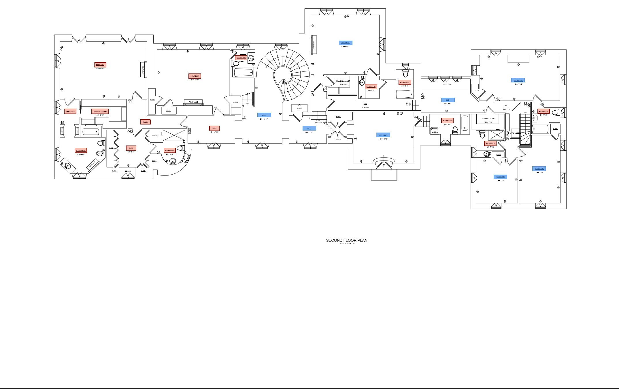 Second floor plan of the Ellistan Estate main house showing bedroom suites, bathrooms and the spiral stair, with ceiling heights noted