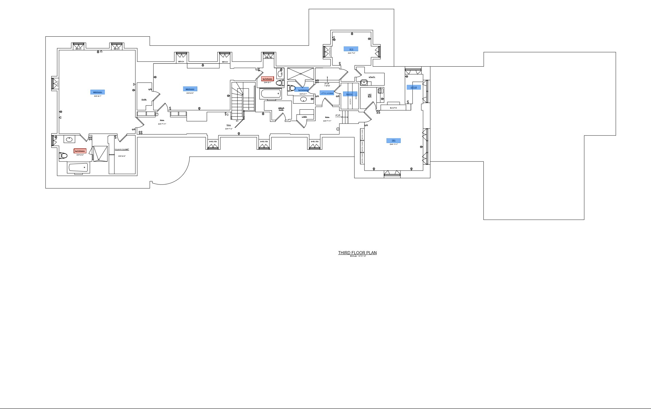 Third floor plan of the Ellistan Estate main house showing bedrooms and baths tucked under the steep rooflines