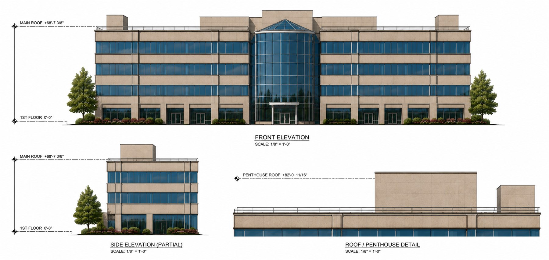 Rendered front and side exterior elevations of the Kean University building with roof and penthouse detail, including level lines and heights