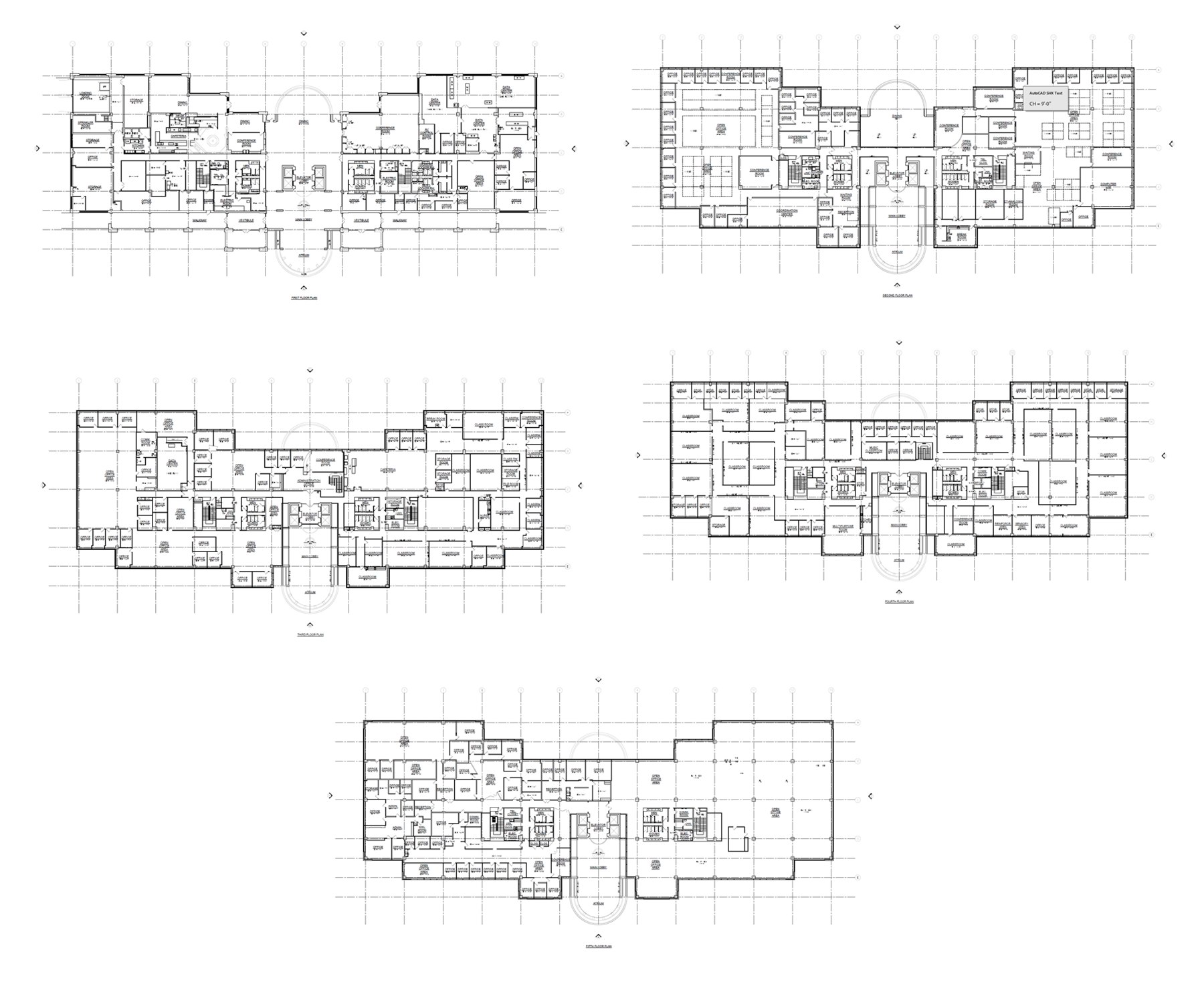 AutoCAD floor plans of all five floors of the Kean University building showing offices, classrooms, conference rooms, cafeteria and the oval atrium lobby