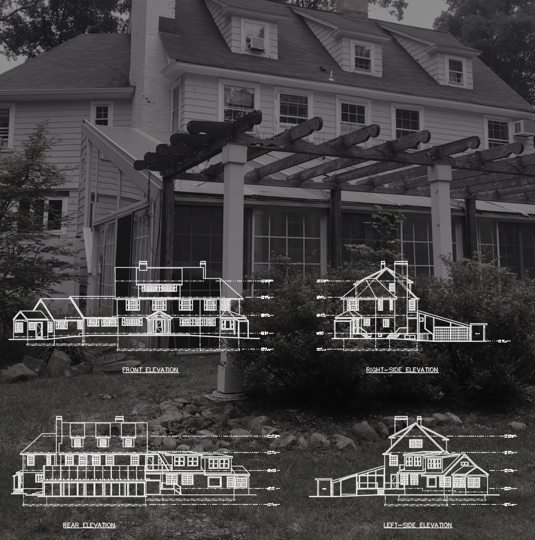 Front, rear, left-side and right-side CAD exterior elevations of the Mountain Lakes residence, overlaid on a photo of the rear facade and pergola