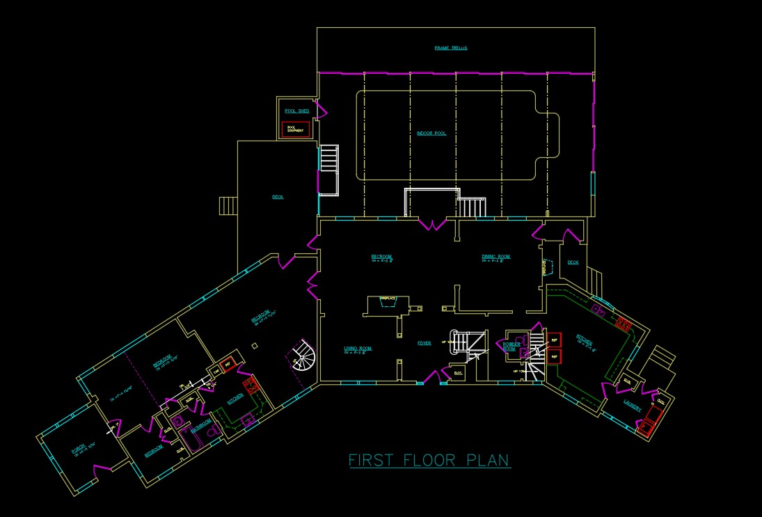 AutoCAD first floor plan of the Mountain Lakes residence showing living and dining rooms, kitchen, bedroom wing, decks and the indoor pool with frame trellis