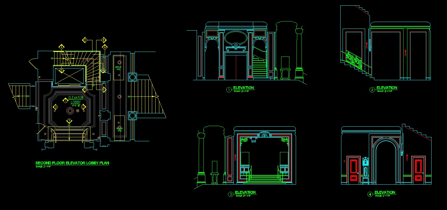 AutoCAD sheet with the second floor elevator lobby plan and four keyed interior elevations of the New York Yacht Club