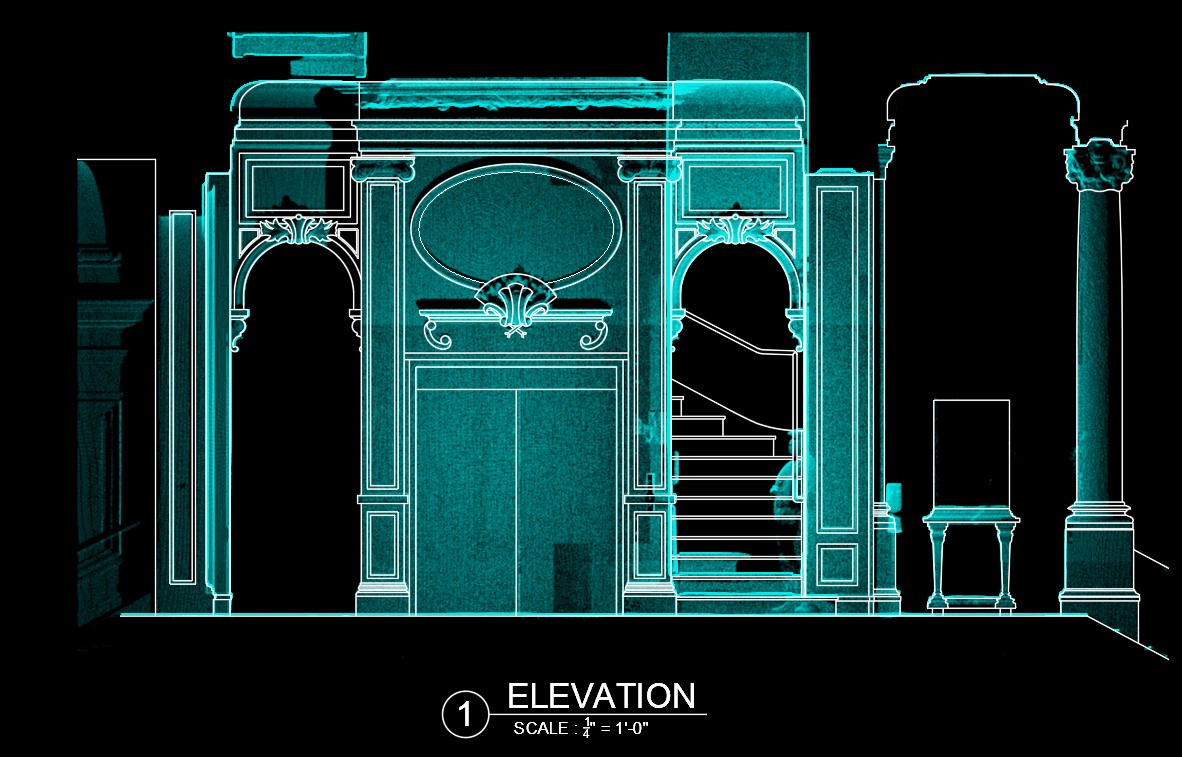 Interior elevation of the New York Yacht Club elevator lobby showing laser scan point cloud overlaid with CAD linework