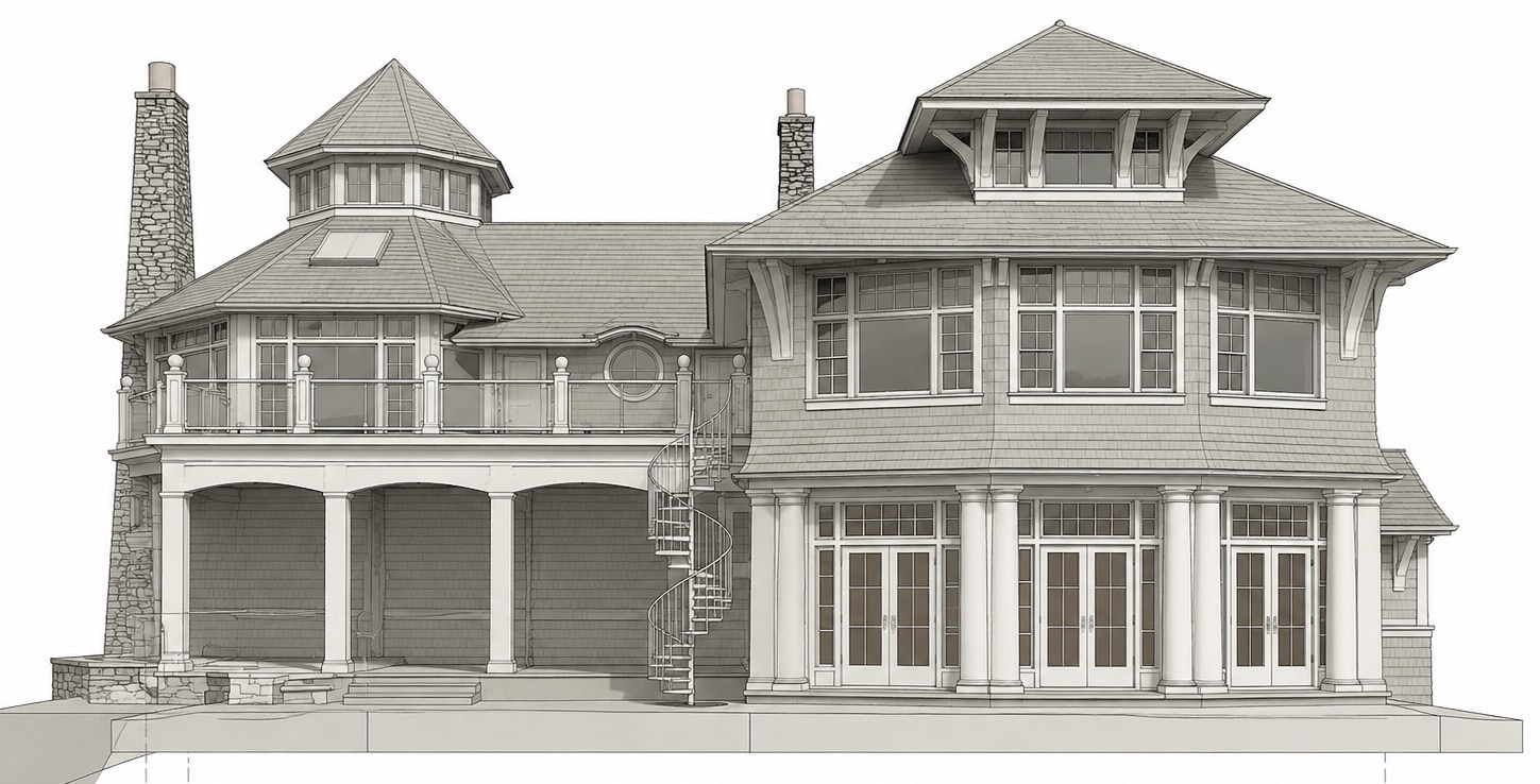 Shaded 3D rendering of a private residence rear elevation, Connecticut