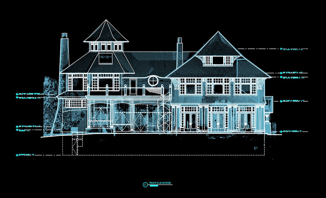 3D scan point cloud overlaid on the rear elevation of a private residence in Connecticut