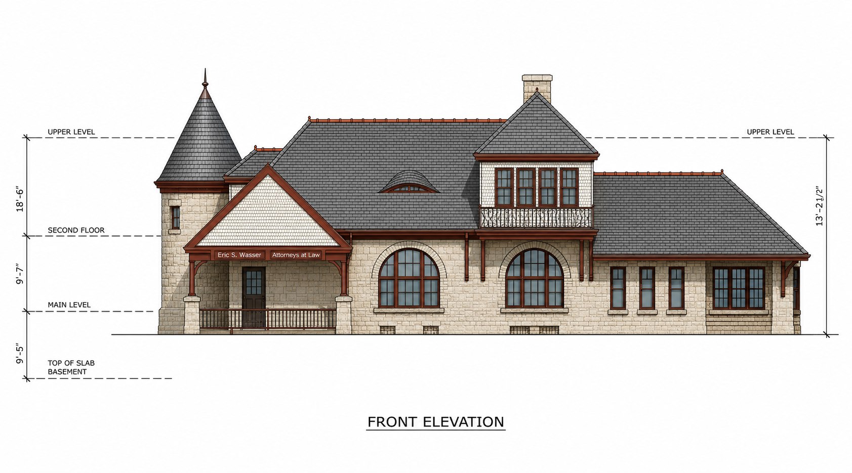 3D rendered front elevation of the Somerville Train Station showing the stone facade, conical turret, shingled gable and dormer, with floor-height dimensions