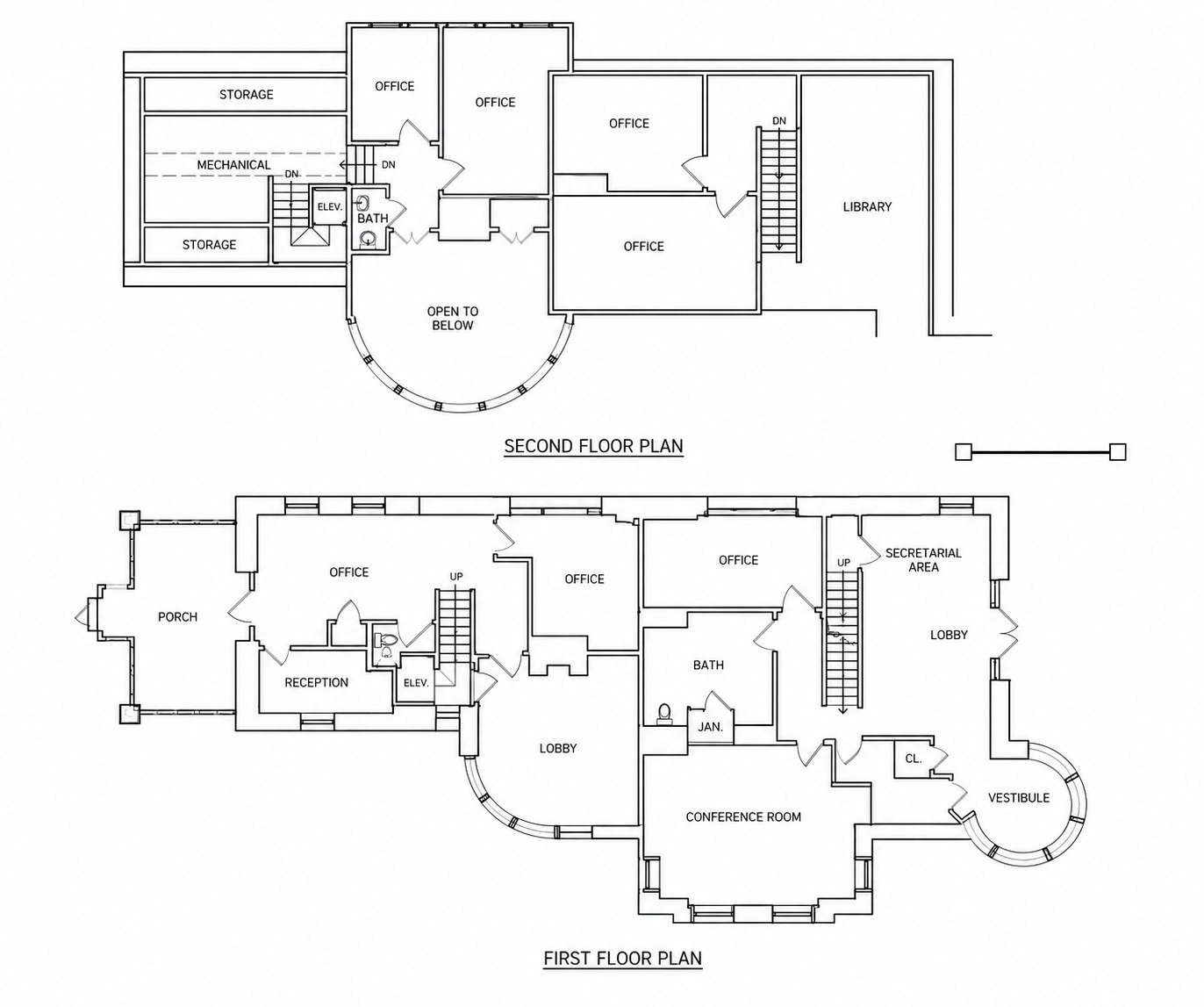 AutoCAD first and second floor plans of the Somerville Train Station showing offices, lobbies, library, conference room and the rounded vestibule in the turret