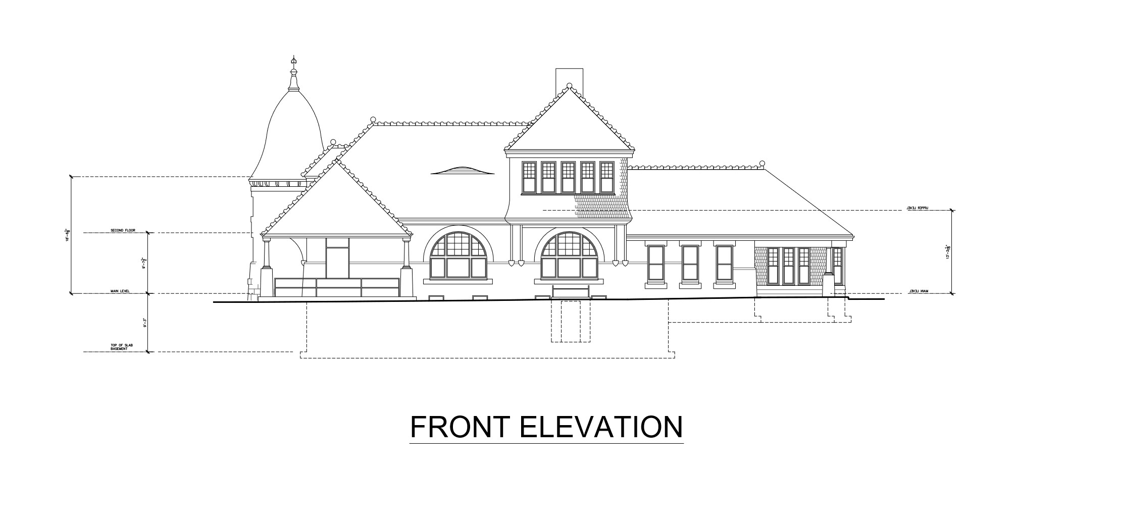 AutoCAD front elevation linework of the Somerville Train Station with level lines and dimensions from basement slab to upper level