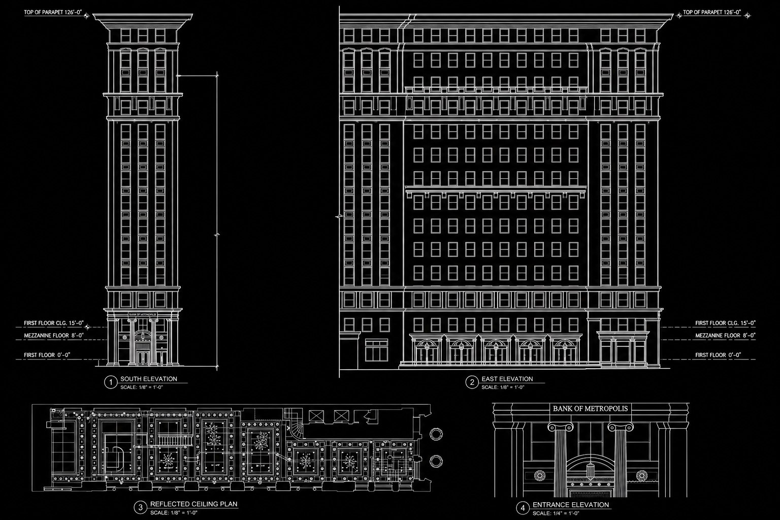AutoCAD sheet with south and east exterior elevations of the Bank of the Metropolis, a reflected ceiling plan and a detailed entrance elevation with ionic columns