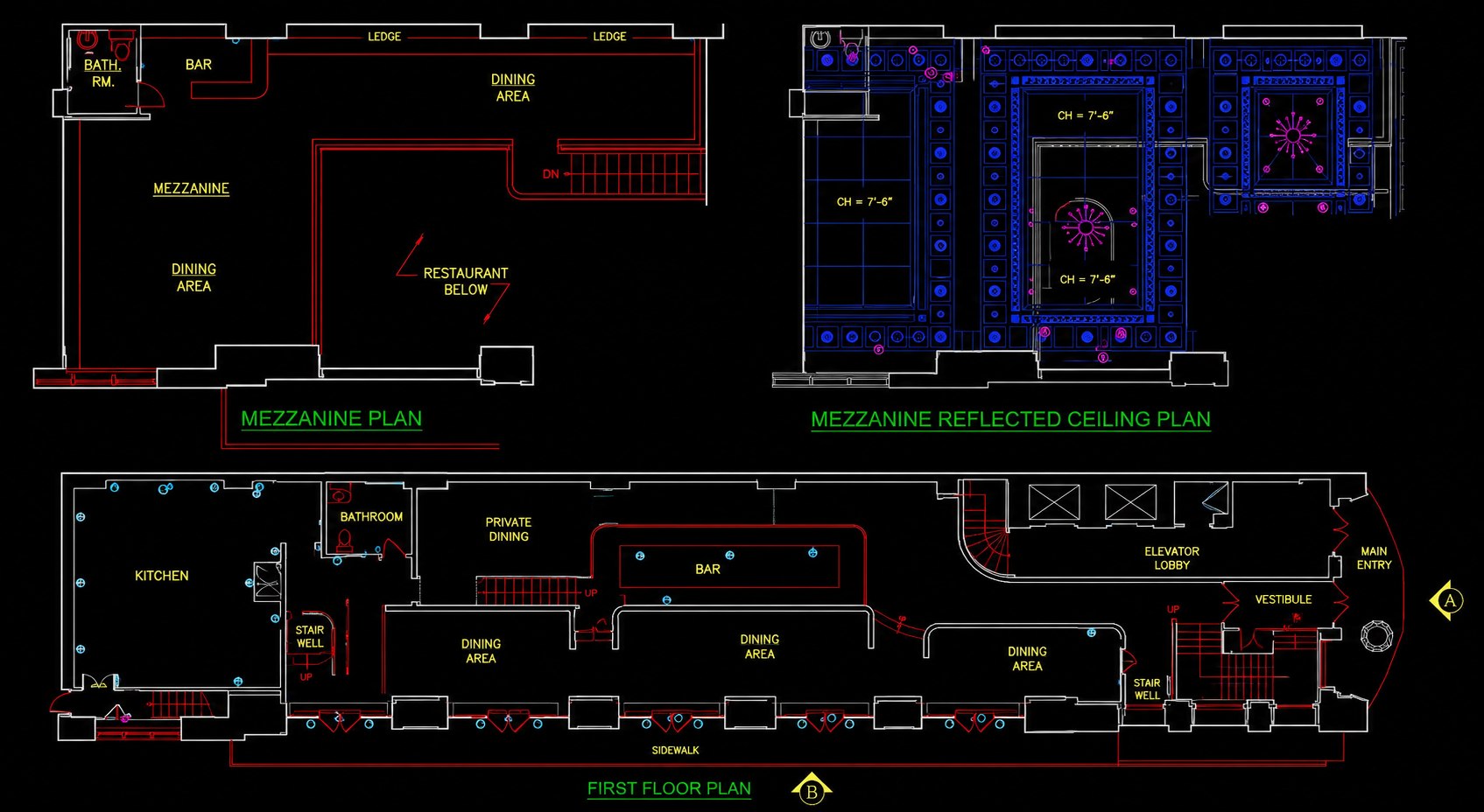AutoCAD first floor and mezzanine plans of the restaurant space at 31 Union Square West, with a mezzanine reflected ceiling plan showing the coffered ceiling